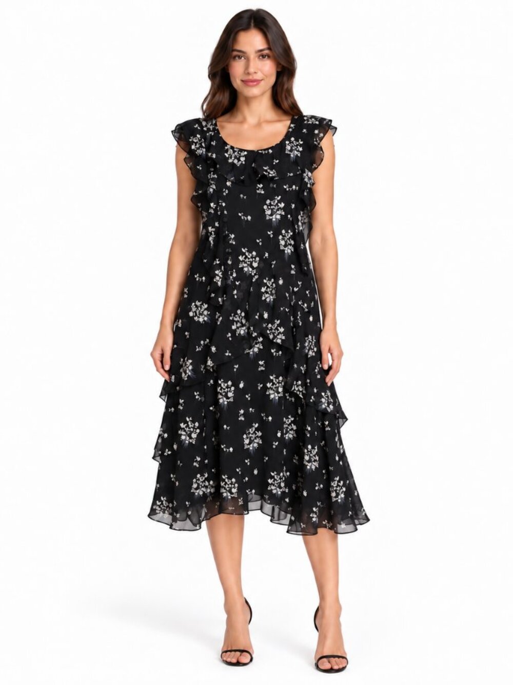ERDEM x H&M Black Floral 100% Silk Ruffle Midi Dress Size 6